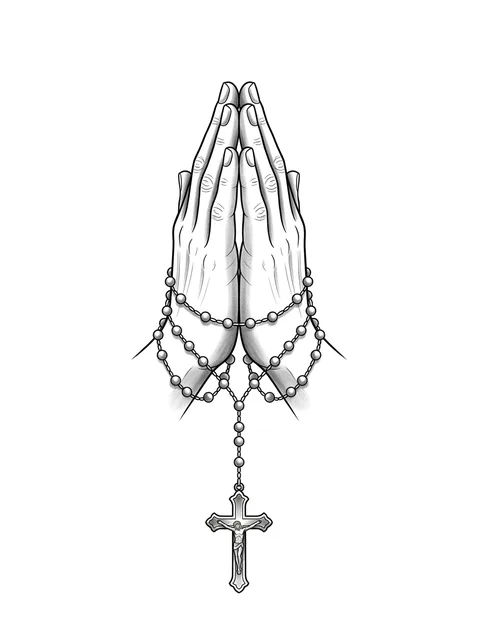 Black and grey illustrative praying hands tattoo design: a rosary draped around them