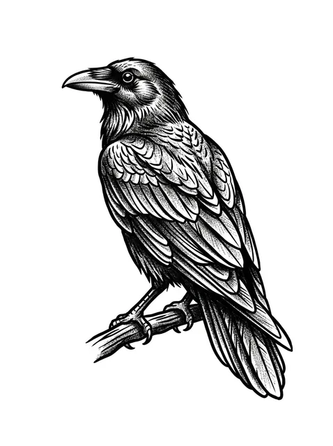 Black and grey illustrative bird and raven tattoo design: a raven perched on a branch