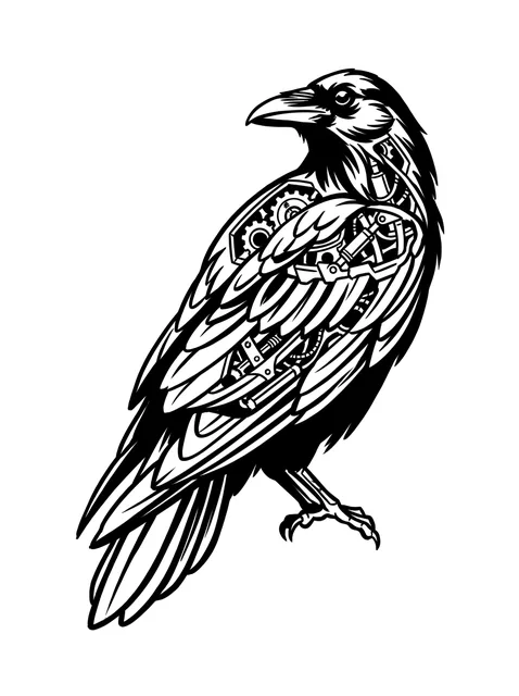 Black and white illustrative raven and bird tattoo design