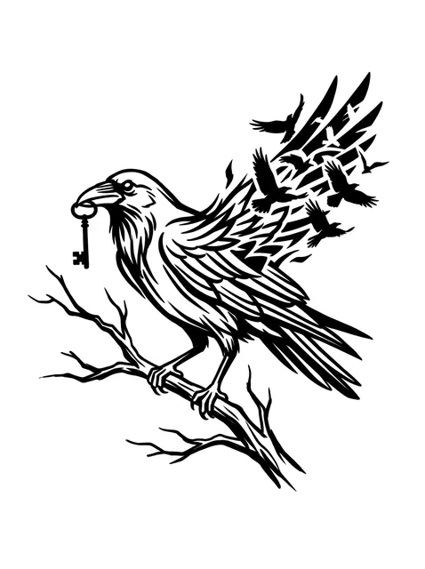 illustrative Raven tattoo design, black and grey