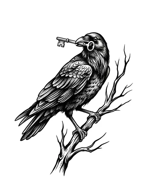 Black and grey illustrative raven and key tattoo design