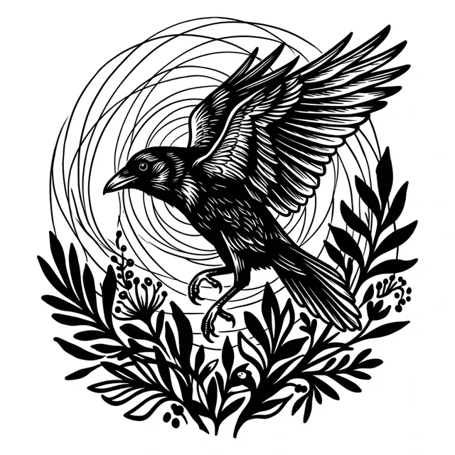 illustrative Raven tattoo design, black and grey