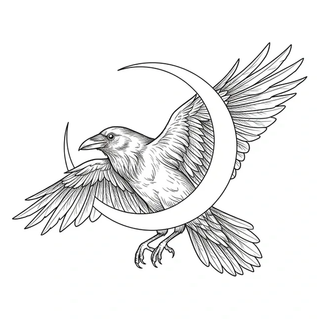 illustrative Raven tattoo design, black and grey