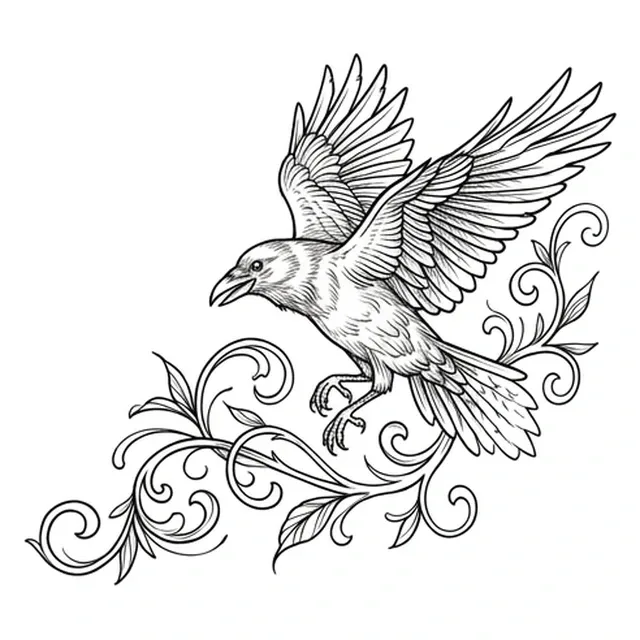 illustrative Raven tattoo design, black and grey