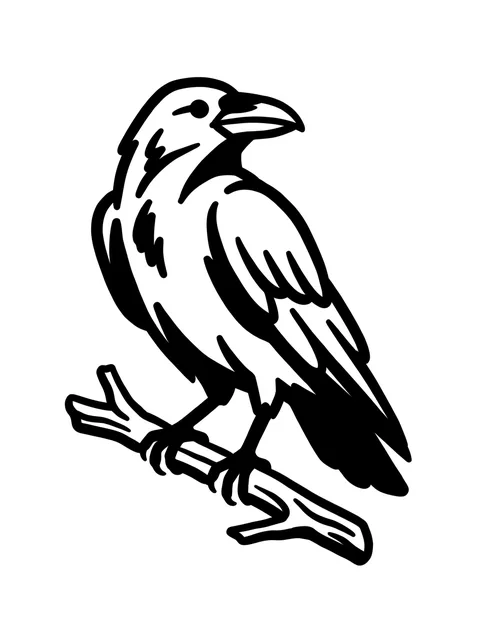 Black and grey illustrative raven tattoo design: a raven perched on a branch