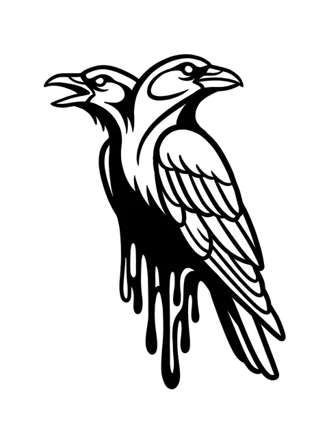 Black and grey illustrative raven tattoo design: two raven heads sharing a single body