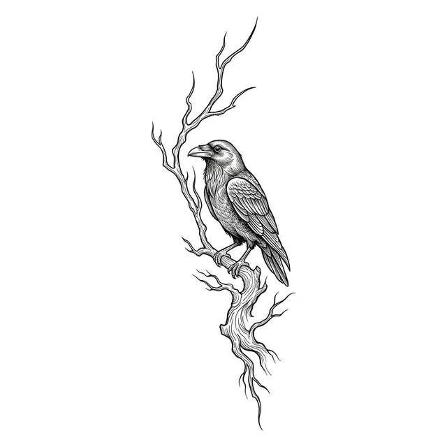 illustrative Raven tattoo design, black and grey