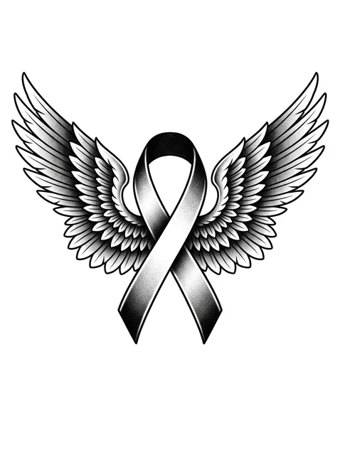 Black and grey illustrative ribbon and angel wings tattoo design