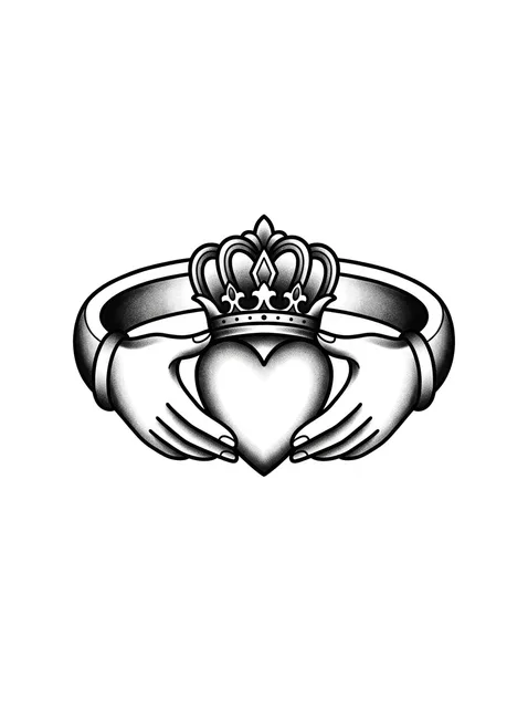 Black and grey illustrative crown and ring tattoo design