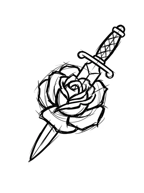 Black and grey illustrative rose and dagger tattoo design: a rose pierced by a dagger