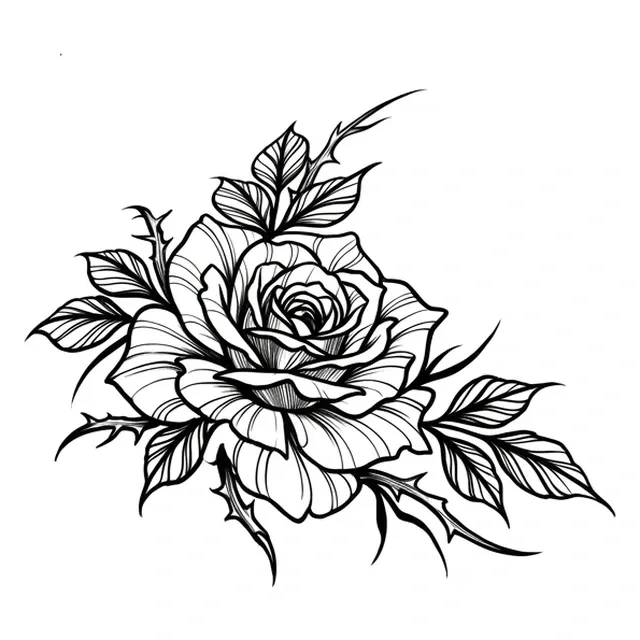 Black and white illustrative rose and leaf tattoo design
