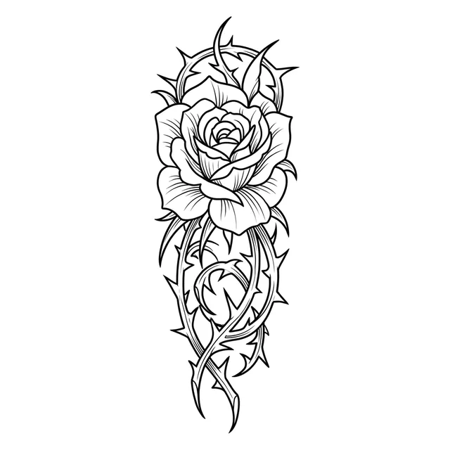 Black and white illustrative rose and vine tattoo design