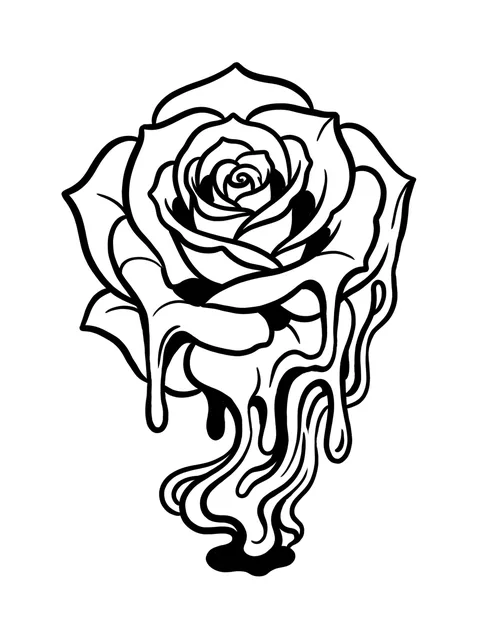 Black and white illustrative rose tattoo design: a single rose with stylized dripping elements