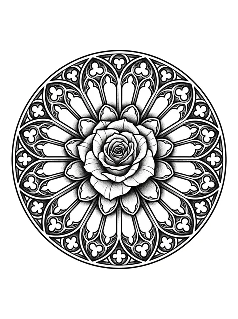 Black and grey illustrative rose window and rose tattoo design
