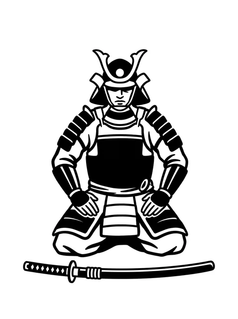 Black and white illustrative samurai and sword tattoo design: a kneeling samurai in full armor