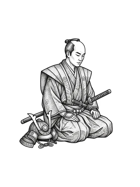 Black and grey illustrative samurai and sword tattoo design