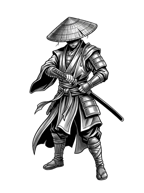 Black and grey illustrative samurai and sword tattoo design: a samurai warrior