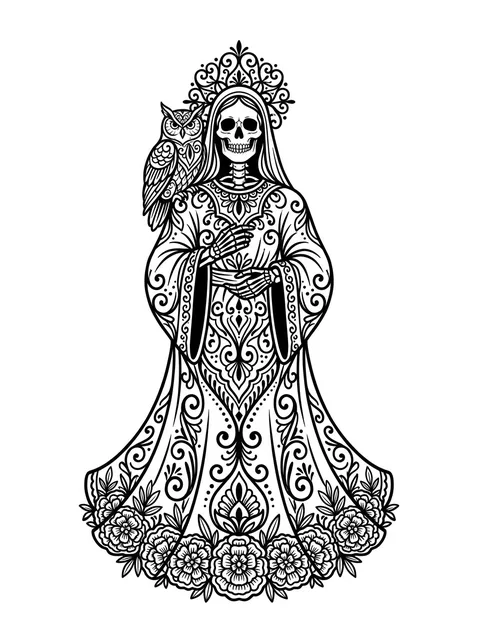 Black and grey illustrative santa muerte and grim reaper tattoo design