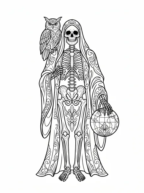 Black and white illustrative santa muerte and grim reaper tattoo design: a grim reaper figure