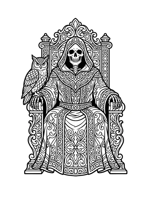 Black and grey illustrative santa muerte and grim reaper tattoo design: a grim reaper figure