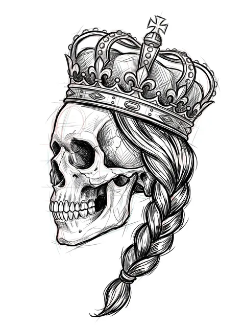 Black and grey illustrative crown and santa muerte tattoo design