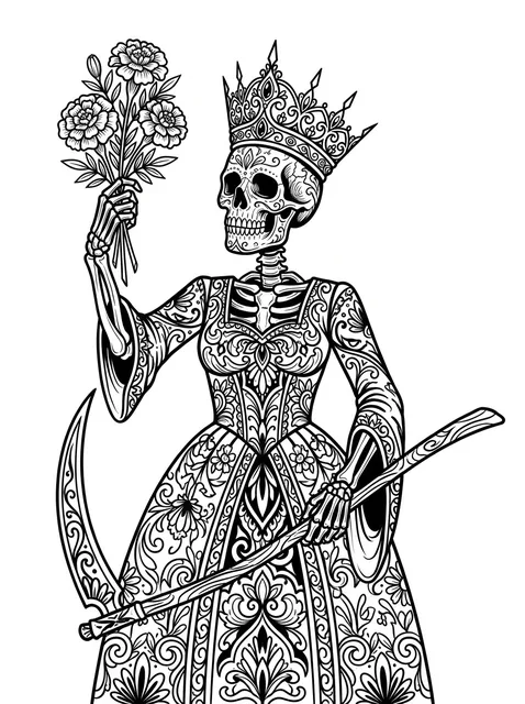 Black and grey illustrative crown and santa muerte tattoo design
