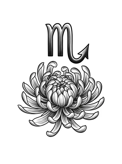 Black and grey illustrative scorpio and chrysanthemum tattoo design