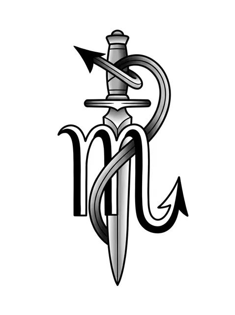 Black and grey illustrative dagger and scorpio tattoo design