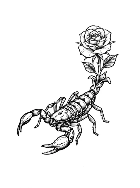 Black and grey illustrative scorpion and rose tattoo design