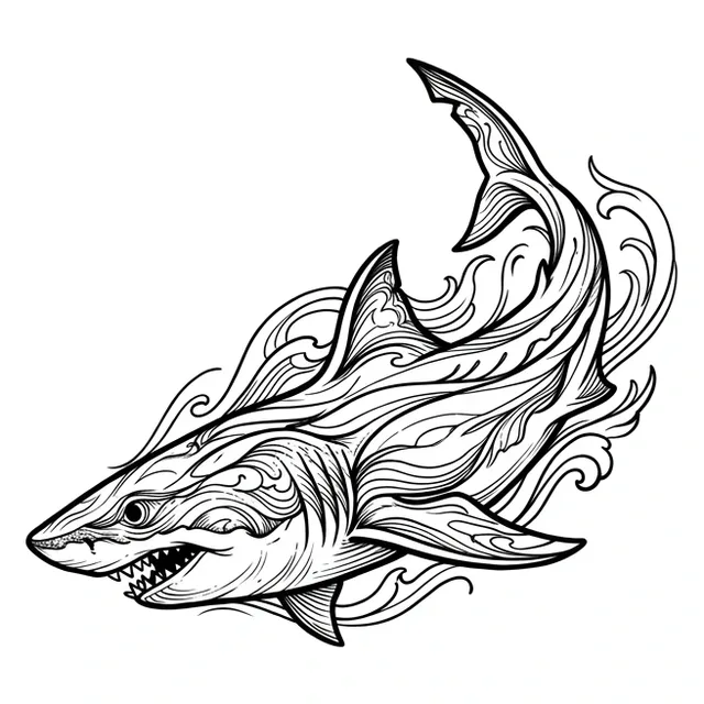 Black and white illustrative wave and shark tattoo design