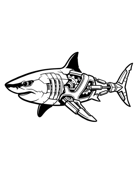 Black and white illustrative shark tattoo design: a robotic shark