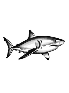 Black and grey illustrative shark tattoo design: a great white shark swimming horizontally