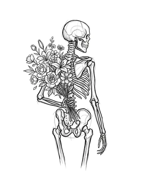 Black and grey illustrative lily and skeleton tattoo design