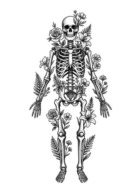 Black and grey illustrative lily and skeleton tattoo design