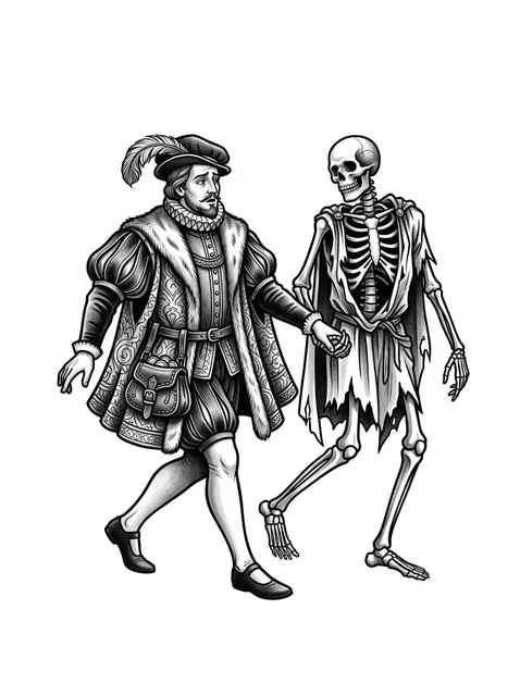 Black and grey illustrative skeleton and memento mori tattoo design