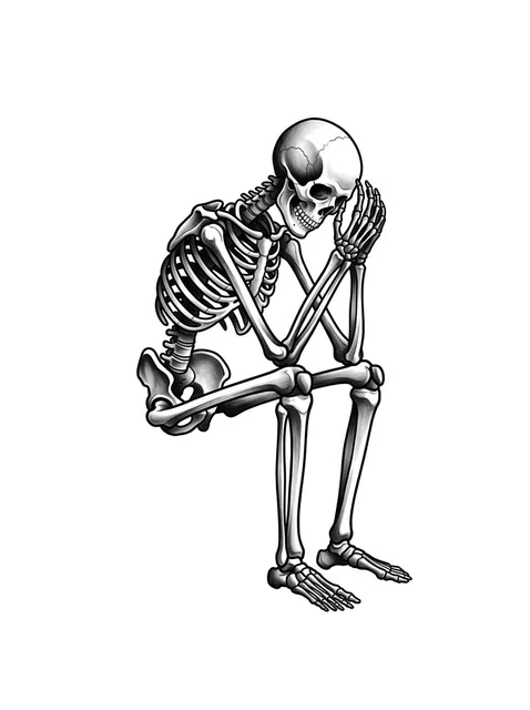 Black and grey illustrative skeleton and memento mori tattoo design