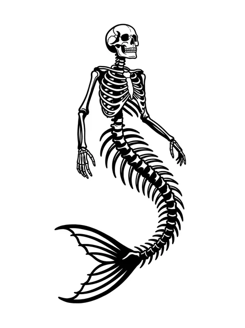 Black and white illustrative skeleton and mermaid tattoo design: a mermaid skeleton
