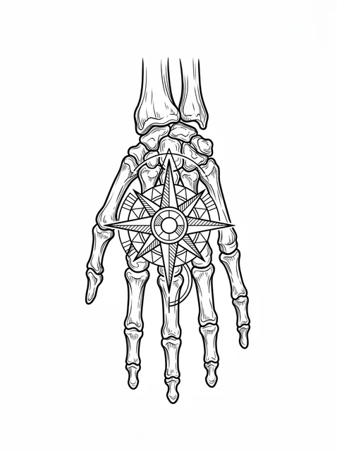 Black and white illustrative skeleton hand and compass tattoo design