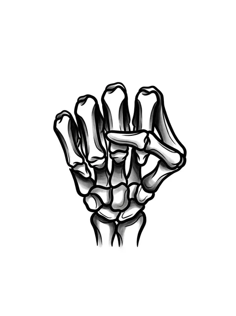 Black and grey illustrative skeleton hand and hand tattoo design: a skeleton hand in a fist