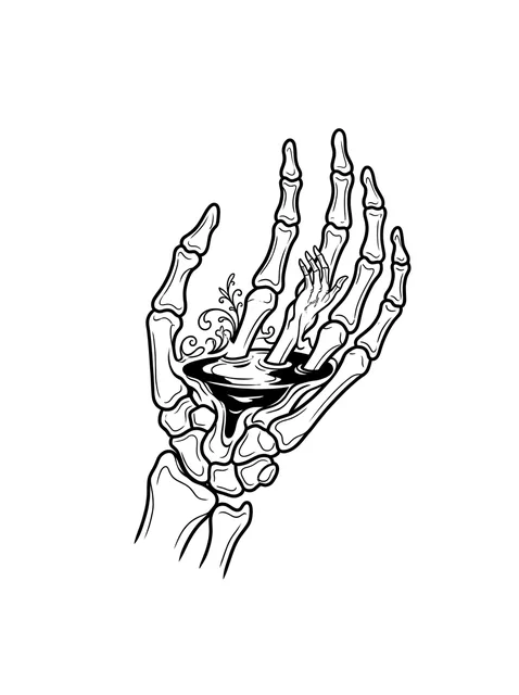 Black and white illustrative skeleton hand and hand tattoo design