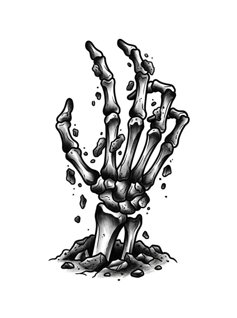 Black and grey illustrative skeleton hand and hand tattoo design