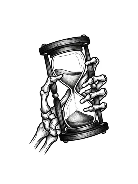 Black and grey illustrative skeleton hand and hourglass tattoo design