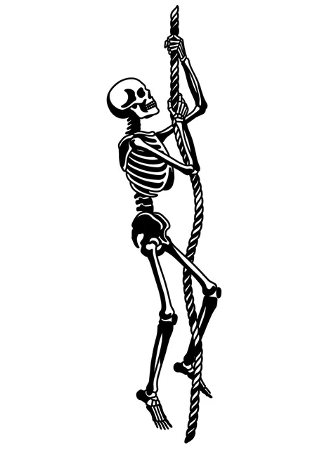 Black and white illustrative skeleton tattoo design: a skeleton climbing a rope