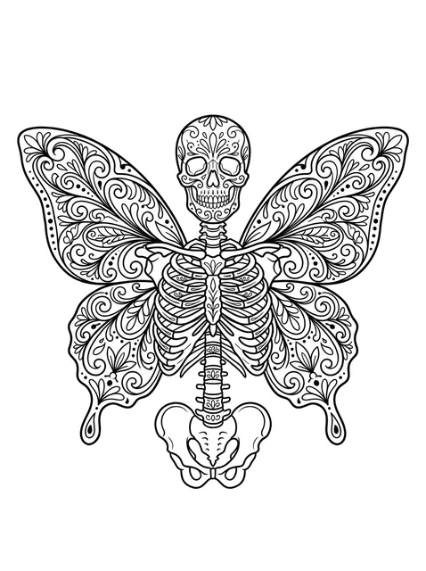 Black and white illustrative skeleton and skull tattoo design