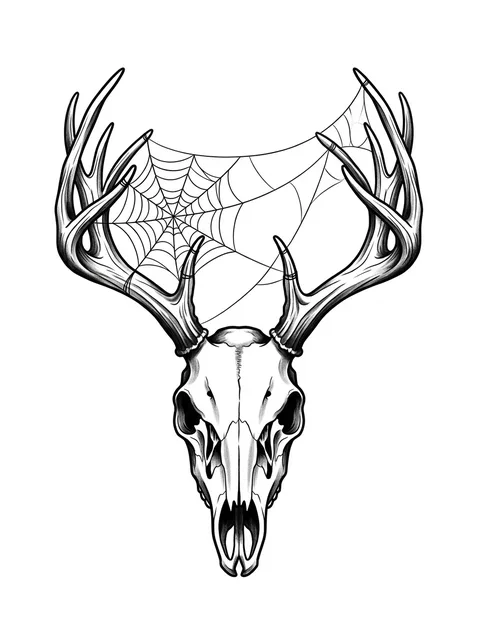 Black and grey illustrative deer and skull tattoo design