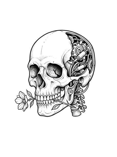 Black and white illustrative skull and flower tattoo design