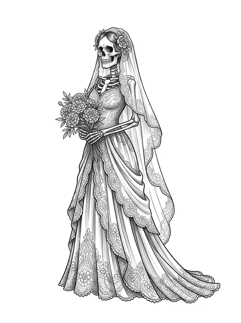 Black and grey illustrative skeleton and skull tattoo design