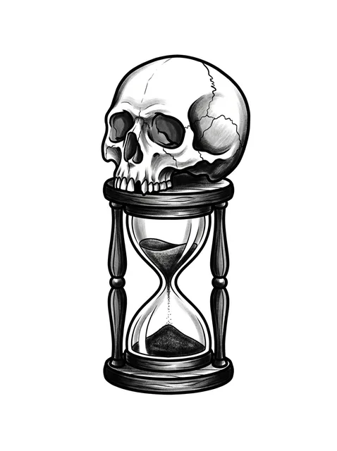 Black and grey illustrative hourglass and skull tattoo design