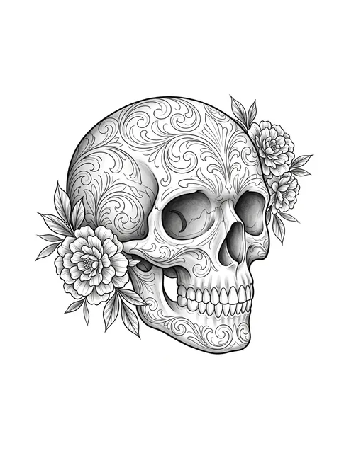 Black and grey illustrative peony and skull tattoo design