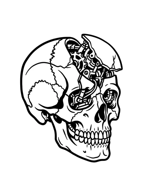 Black and white illustrative skull tattoo design